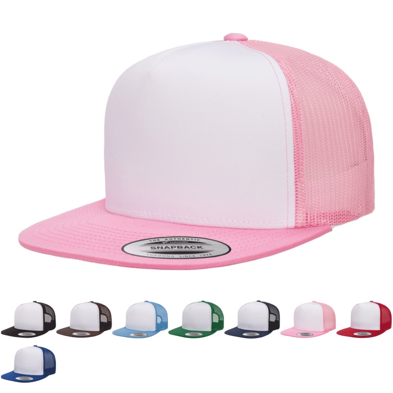 Yupoong 6006W Premium Trucker Snapback Hat, Flat Bill Cap with Mesh Back, White Front – YP Classics Black/White/Black