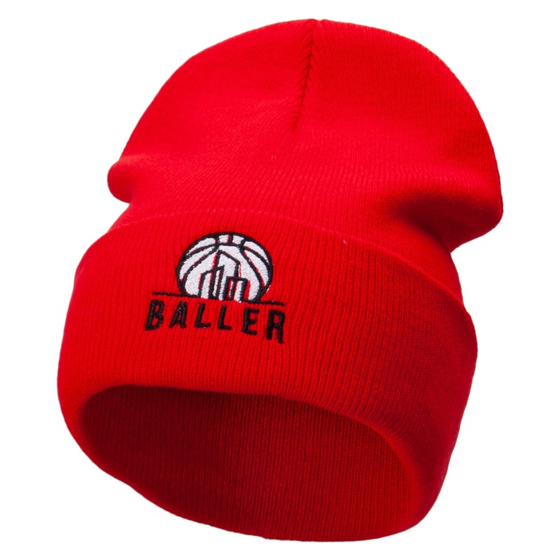 Baller Embroidered 12 Inch Long Knitted Beanie Red One Size