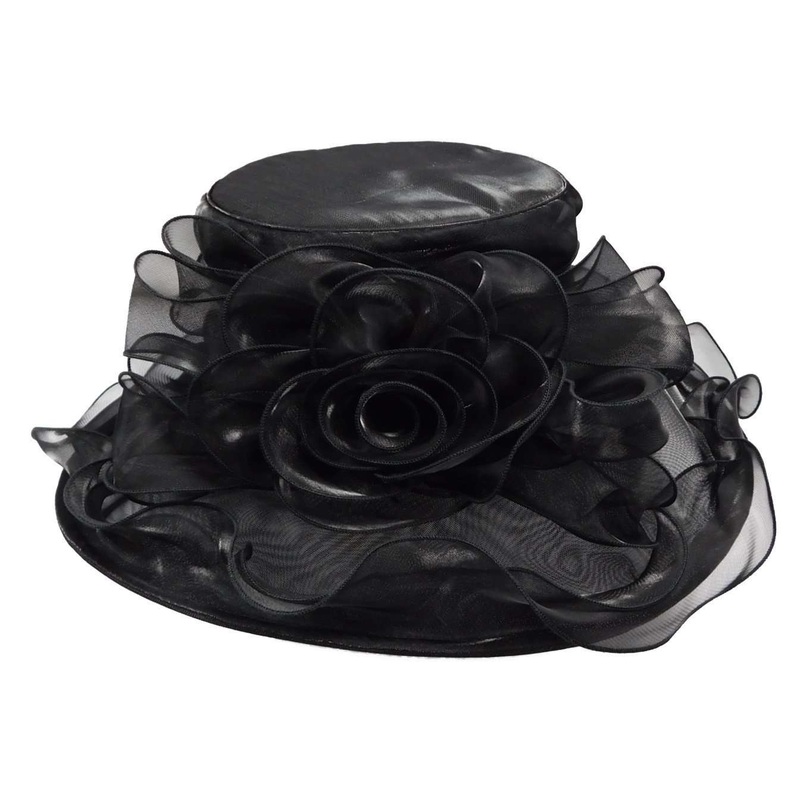 Large Ruffle Edge Shimmer Organza Hat Black