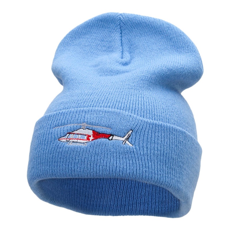 Medical Helicopter Embroidered Long Knitted Beanie Sky Blue One Size