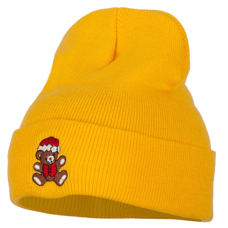 Santa Bear Embroidered Long Knitted Beanie Yellow One Size