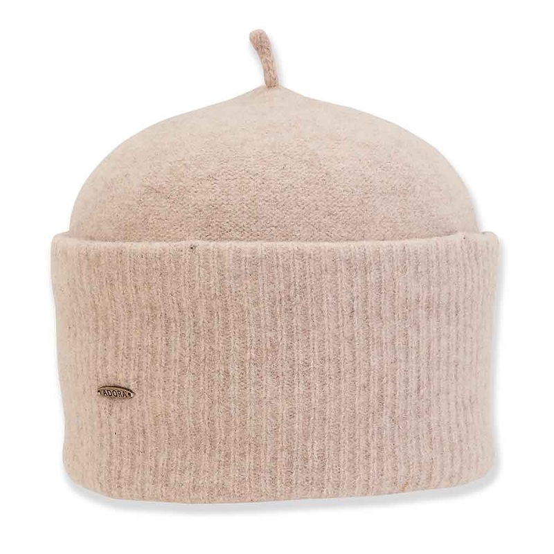 Soft Wool Cuffed Turban Beanie with Stalk – Adora Hat Tan Medium (57 cm)