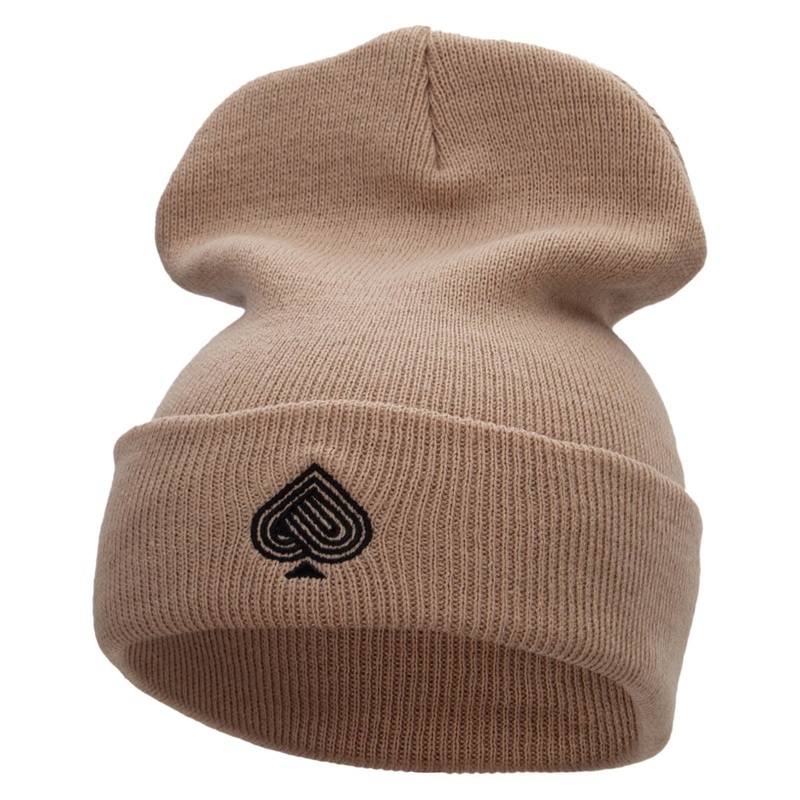 Stylized Spade Embroidered 12 Inch Solid Long Beanie Made in USA Khaki One Size