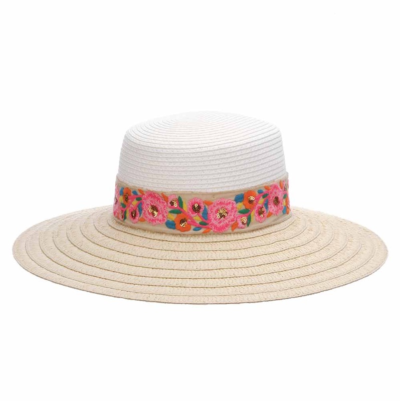 Two Tone Sun Hat with Floral Band – Cappelli Straworld Hats White OS (57 cm)