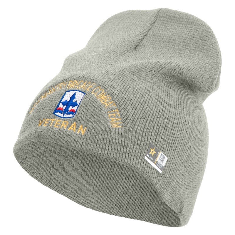 U.S. Army 29th Infantry Brigade Combat Team Symbol Embroidered 8 Inch Solid Knit Short Beanie Made in USA Dk Ash One Size