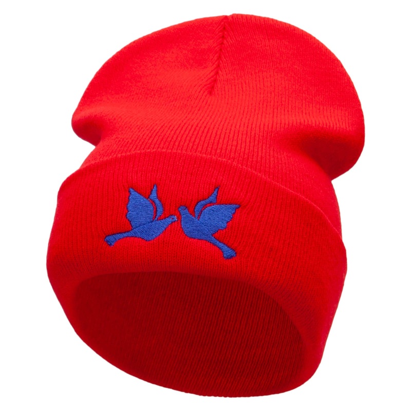 Wedding Birds Embroidered 12 Inch Long Knitted Beanie Red One Size