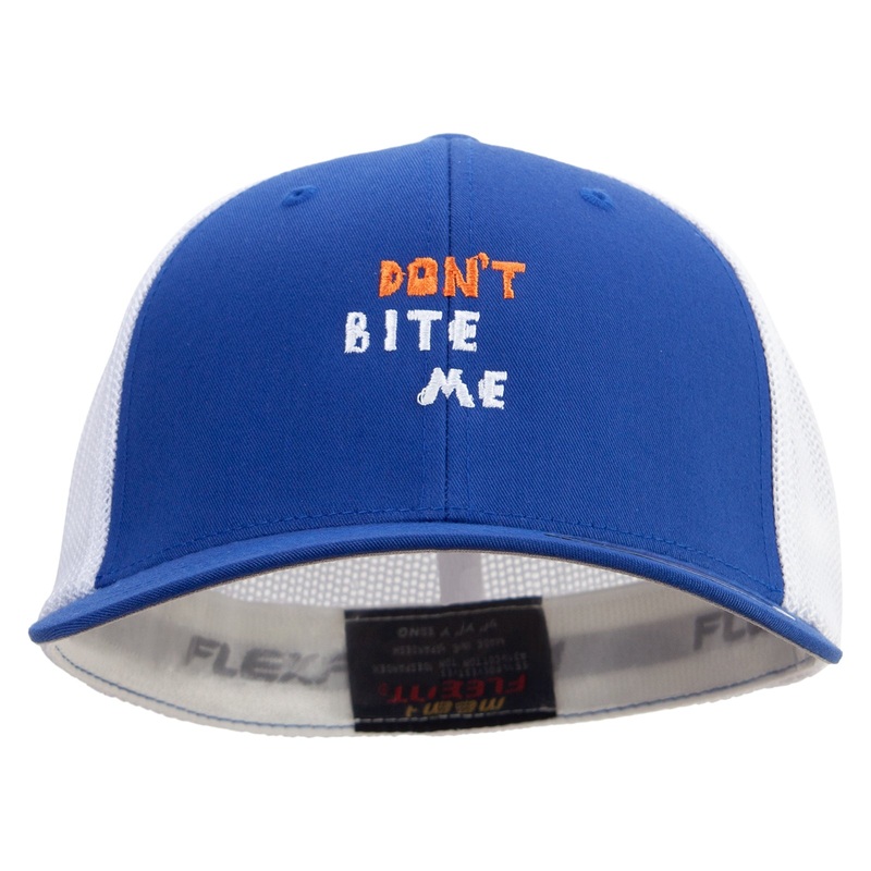 Don’t Bite Me Sign Embroidered Mesh Cotton Twill Trucker 2 Tone Cap Royal White One Size
