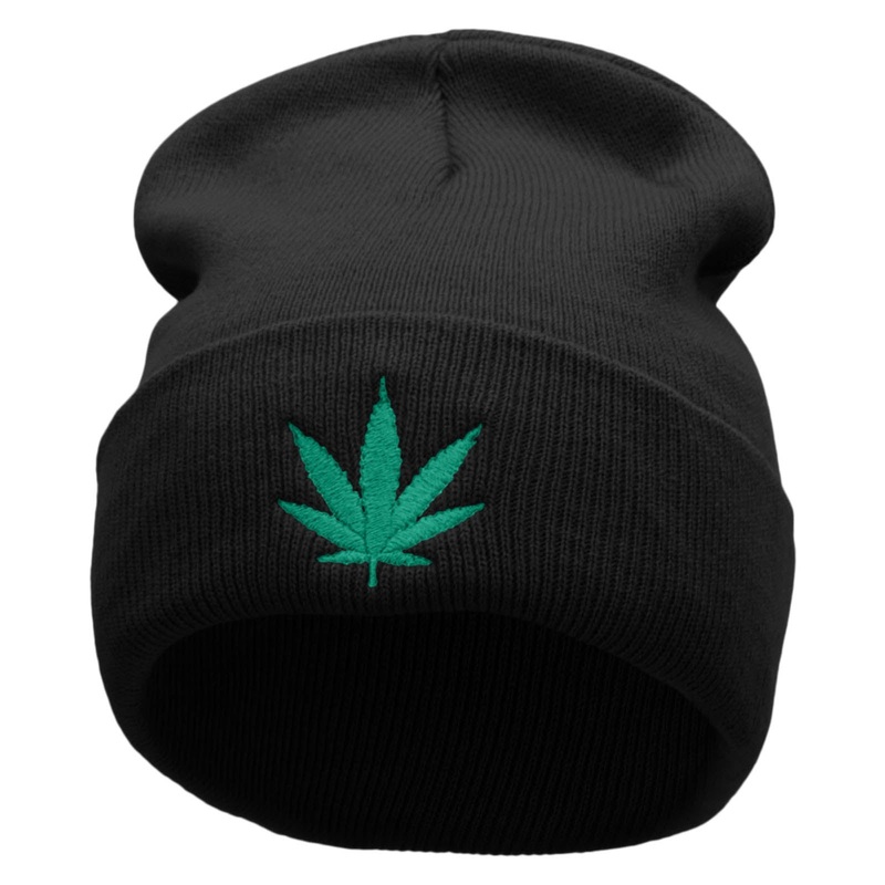 Marijuana Leaf Embroidered 12 inch Acrylic Cuffed Long Beanie Khaki One Size