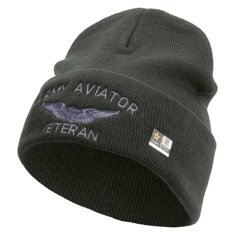 Army Aviator Veteran Embroidered 12 Inch Long Knitted Beanie DK Grey One Size