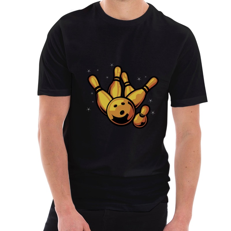 Bowling Pins Graphic Design Ring Spun Combed Cotton Short Sleeve Deluxe Jersey T-Shirt Black XS