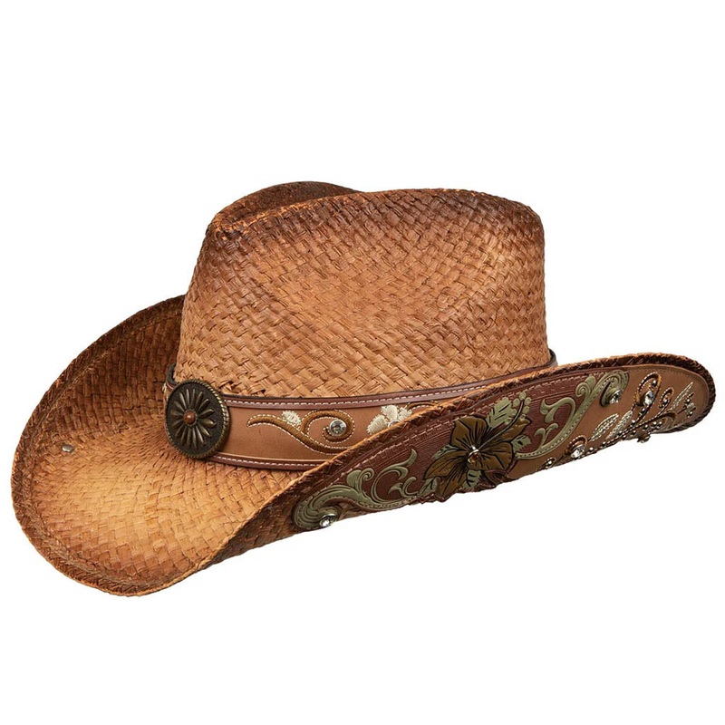 Floral Leather Accent Cowboy Hat with Brass Concho – Karen Keith Hats Tan Small (55 cm)