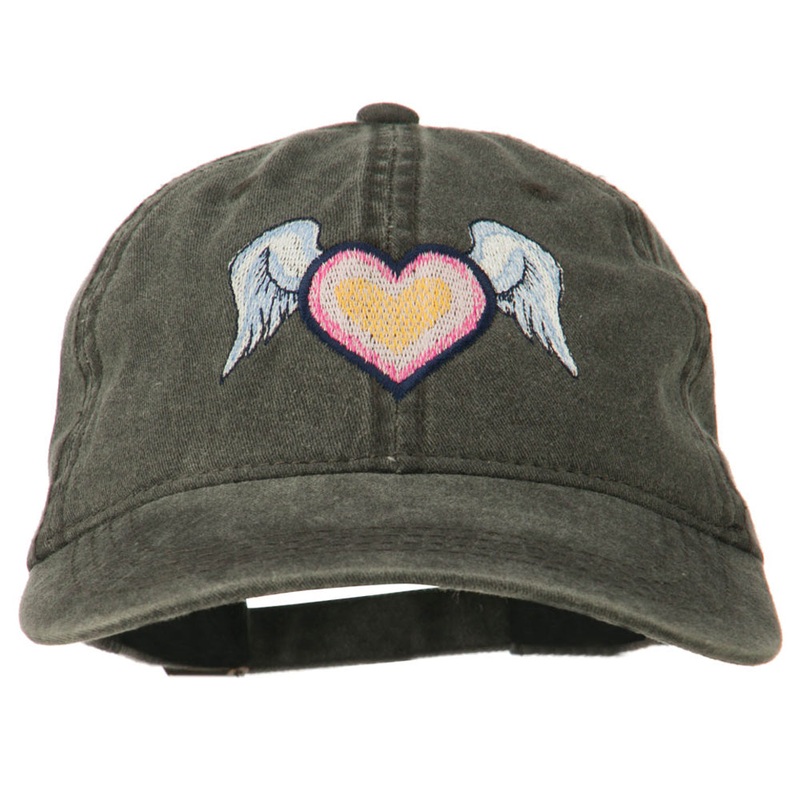 Heart Angel Wings Embroidered Washed Cap Black One Size
