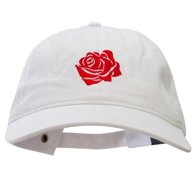 Rosy Rose Embroidered Washed Solid Pigment Dyed Cotton Twill Brass Buckle Cap White One Size