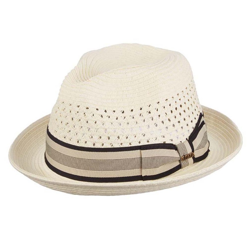 Vented Crown Straw Fedora with Striped Band – Scala Hats Ivory Small (55 cm)