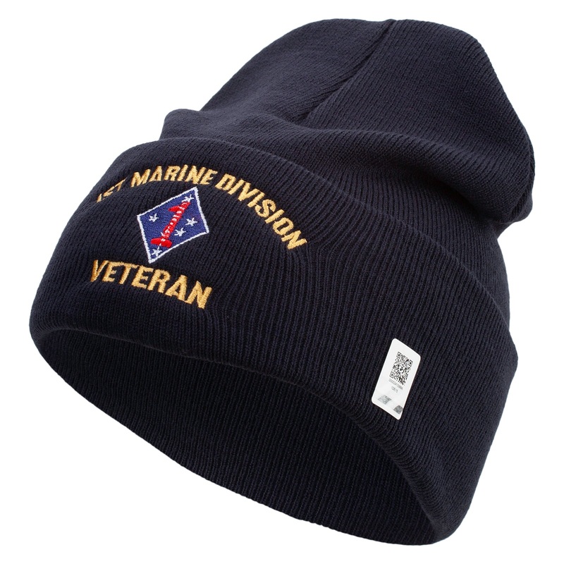 1st Marine Division Veteran Logo Embroidered 12 Inch Solid Knit Cuff Long Beanie Made in USA Navy One Size