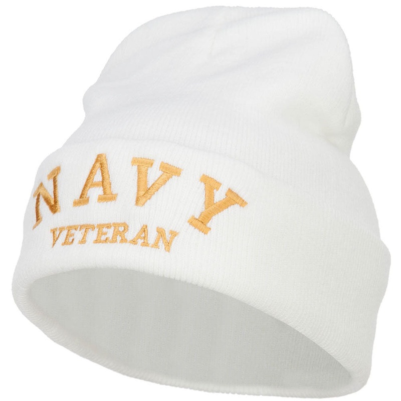 Navy Veteran Letters Embroidered Long Beanie White One Size