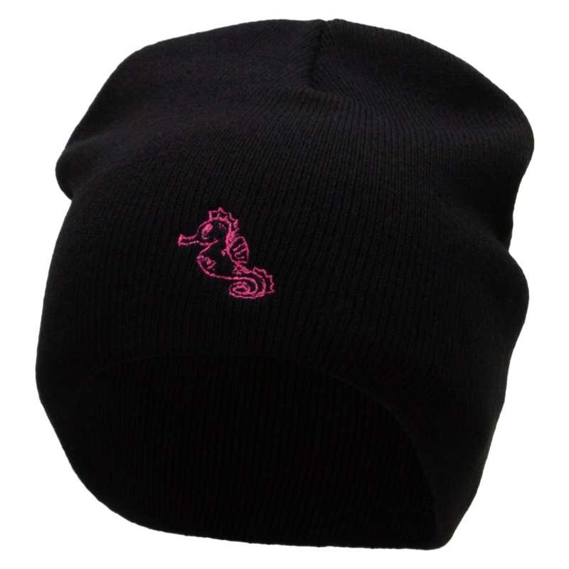 Sea Horse Embroidered 8 Inch Short Beanie Black One Size