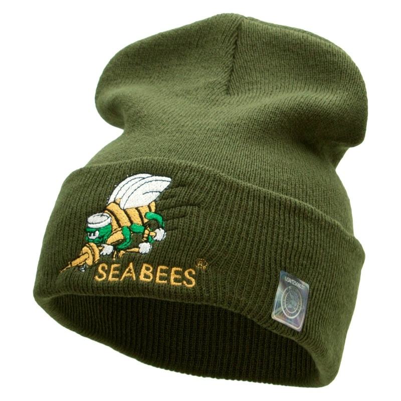 Seabees Logo Embroidered Long Beanie Made in USA Olive One Size