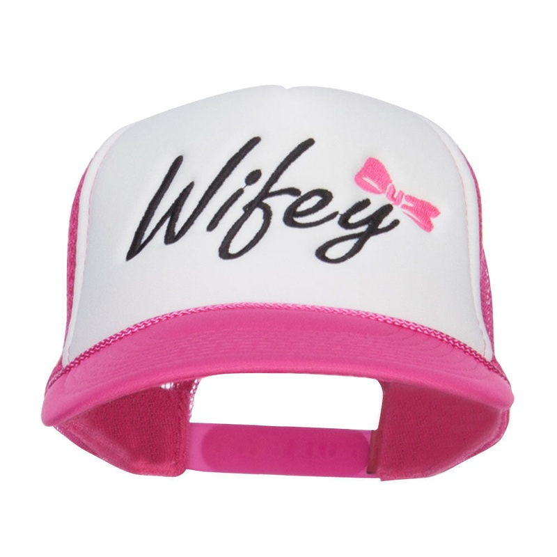 Wifey Ribboned Embroidered Foam Mesh Cap Hot Pink White One Size