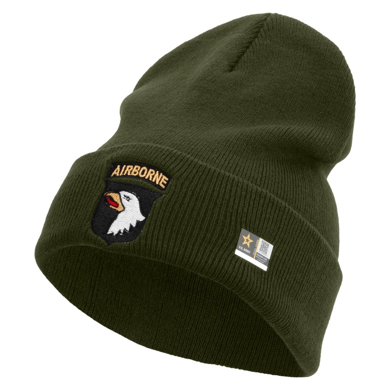 101st Airborne Division Embroidered 12 Inch Long Knitted Beanie Olive One Size