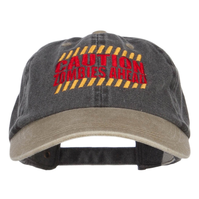 Caution Zombie Ahead Embroidered Dyed Washed Cap Black Khaki One Size