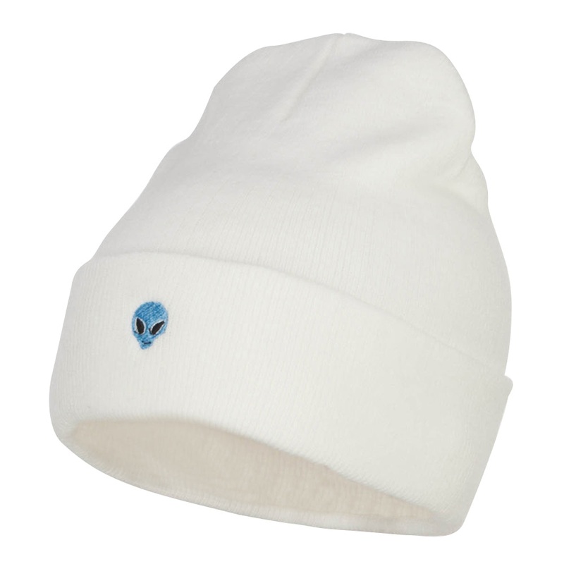 Mini Alien Embroidered Long Beanie White One Size
