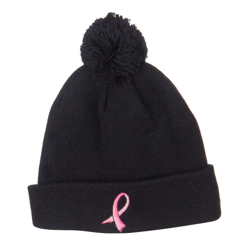 Ribbon Breast Cancer Embroidered Pom Beanie Black One Size