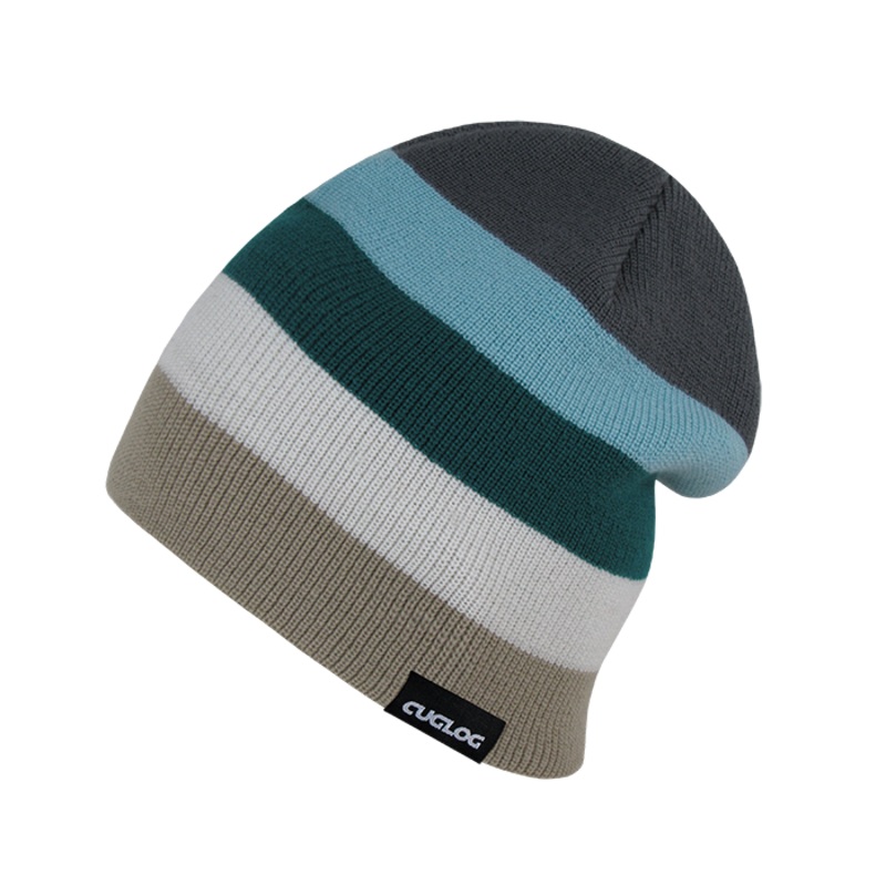 Rushmore Striped Beanie, Soft Knit Cap – Cuglog K033 Dark Khaki/Ivory