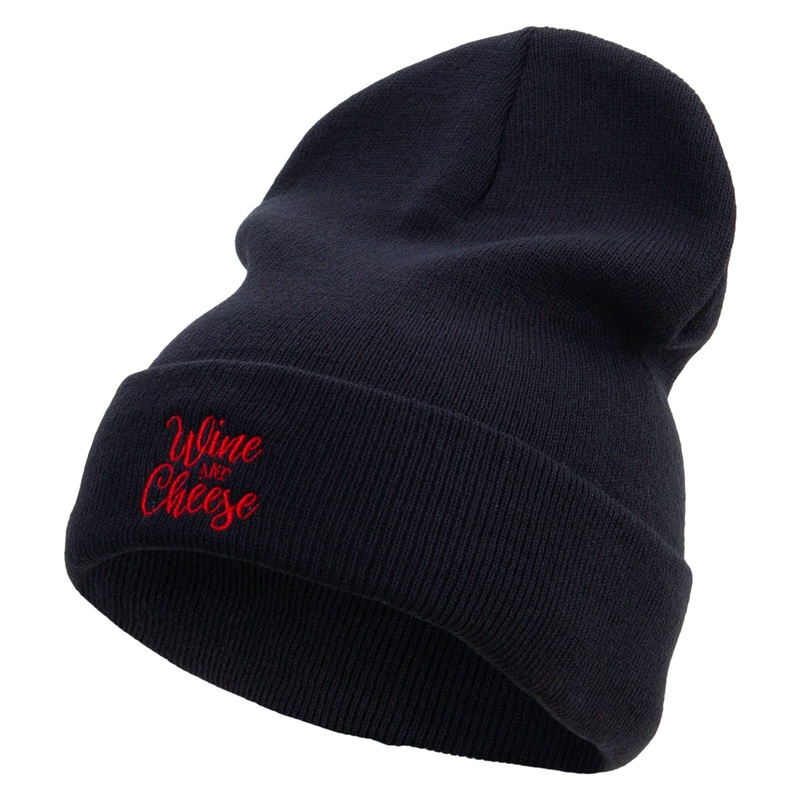 Wine and Cheese Embroidered 12 Inch Long Knitted Beanie Navy One Size