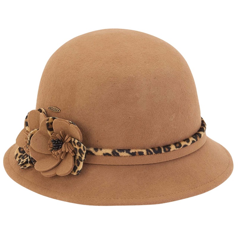 Wool Cloche Hat with Animal Print Accent – Adora Wool Hats Tan M/L (58 cm)