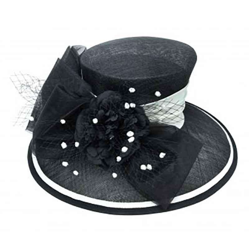 Black and White Sinamay Dress Hat with Satin Band Black