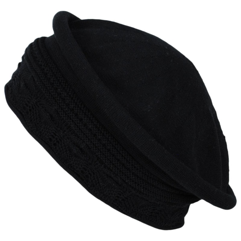 Pointelle Cotton Knit Topper Beanie Hat BLACK ONE SIZE FITS MOST