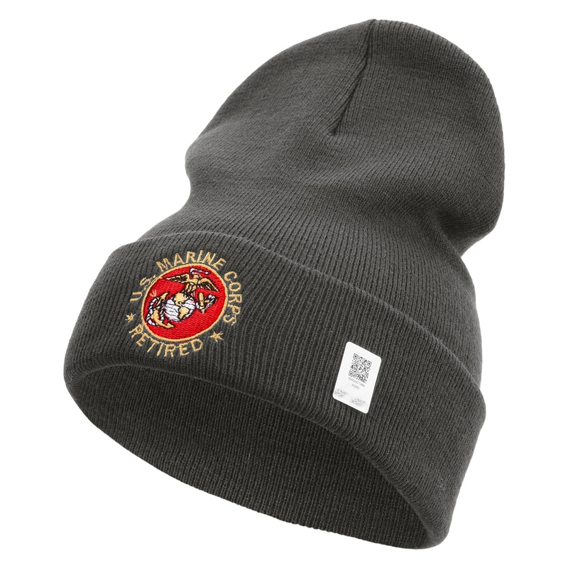 US Marines Corps Retired Emblem Logo Embroidered 12 Inch Solid Knit Cuff Long Beanie Made in USA Charcoal One Size