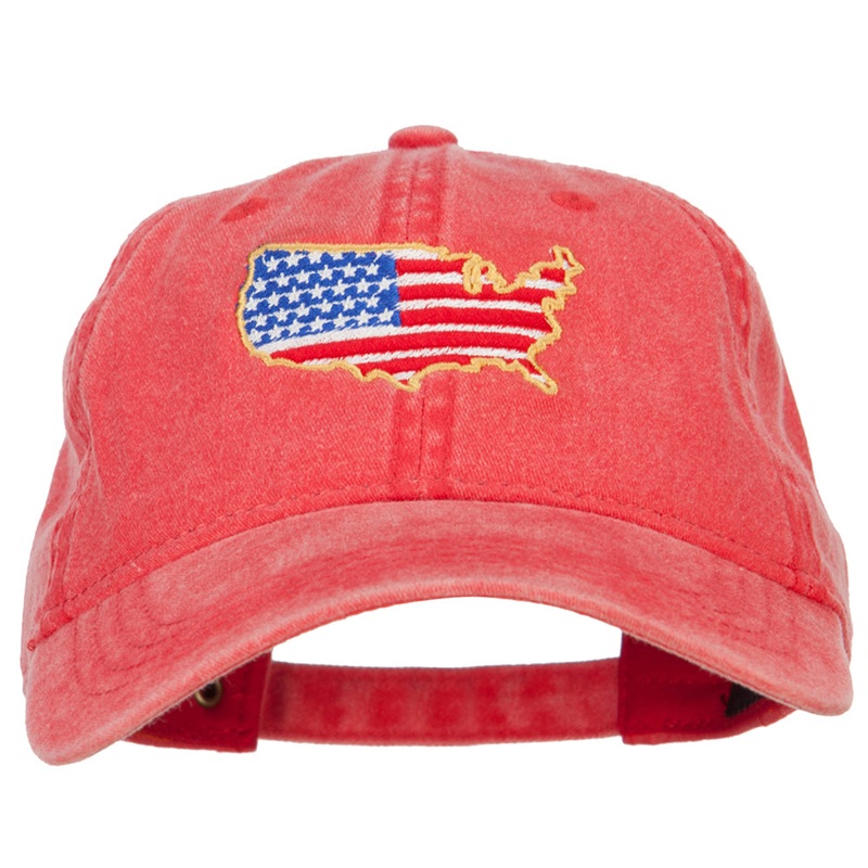 USA Map Flag Embroidered Washed Buckle Cap Red One Size