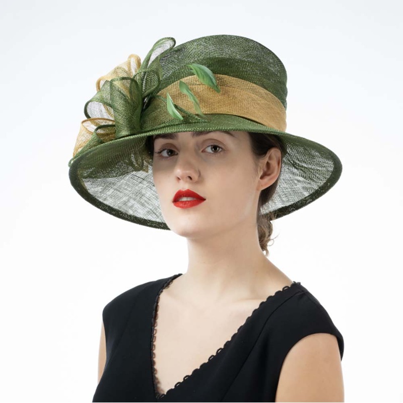 Wide Downturned Brim Green and Gold Sinamay Dress Hat – KaKyCO Green / Gold M/L (58 cm)