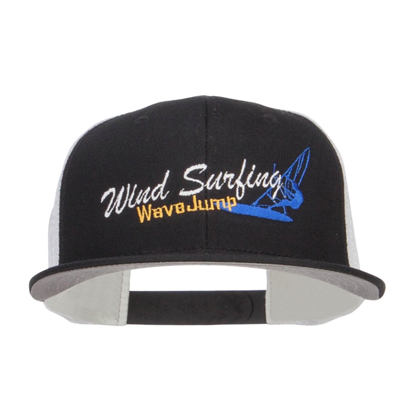 Wind Surfing Embroidered Snapback Mesh Cap White Black One Size