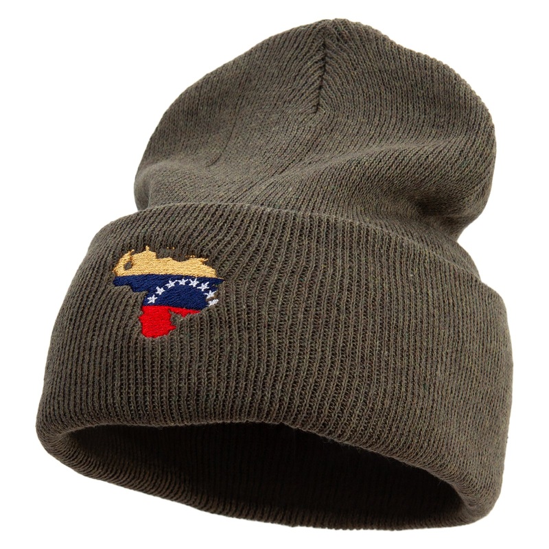 Made in USA Venezuela Flag Map Embroidered Stretch ECO Cotton Long Beanie Olive One Size