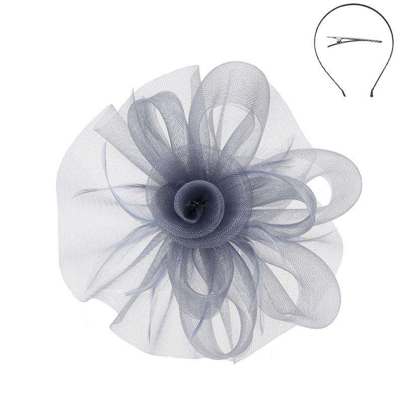 Medium Wavy Mesh Fascinator with Rose Center – Sophia Collection Grey