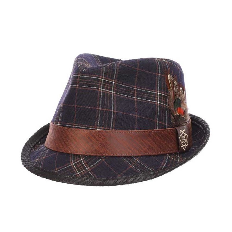 Romeo Plaid Cotton Fedora with Faux Leather Trim – Carlos Santana Hats Grey Large (59 cm)