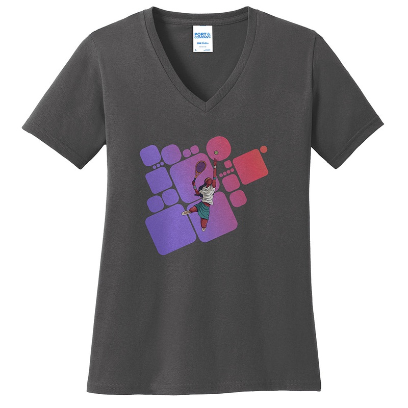 Tennis Player Serving Up Aces Graphic Design Ladies Big Size Port & Company Core Cotton V neck T-Shirt Charcoal XL