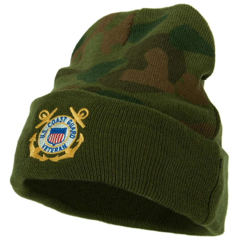 US Coast Guard Veteran Anchors Embroidered Camo Long Beanie Green One Size