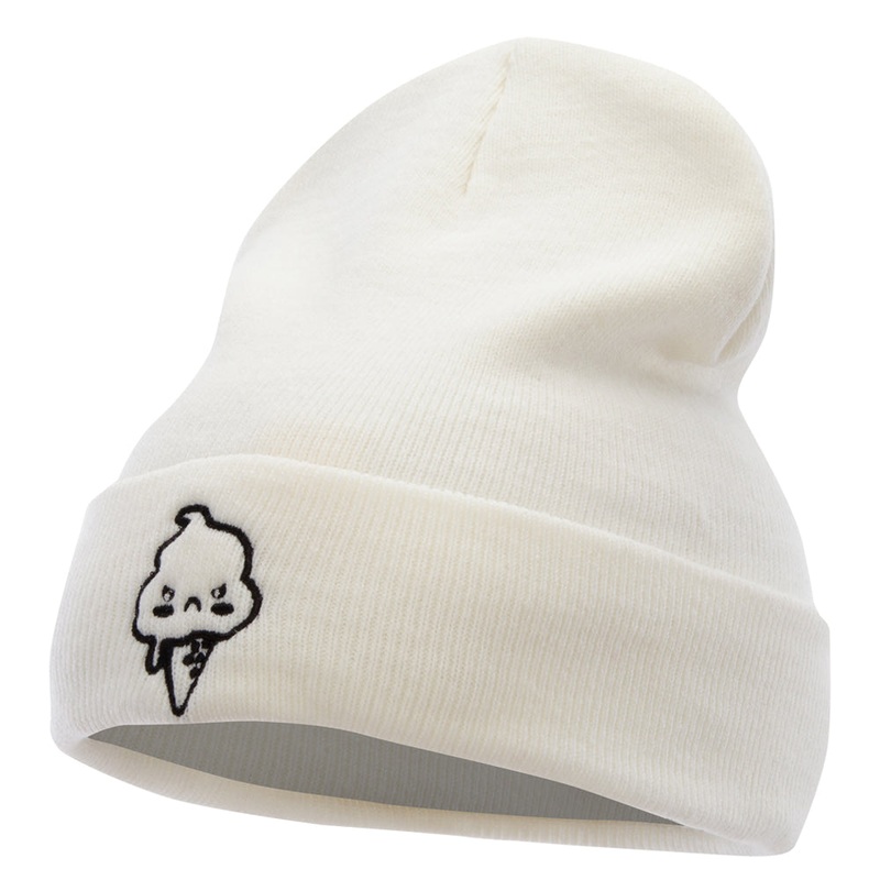 Angry Ice Cream Embroidered 12 Inch Long Kintted Beanie White One Size
