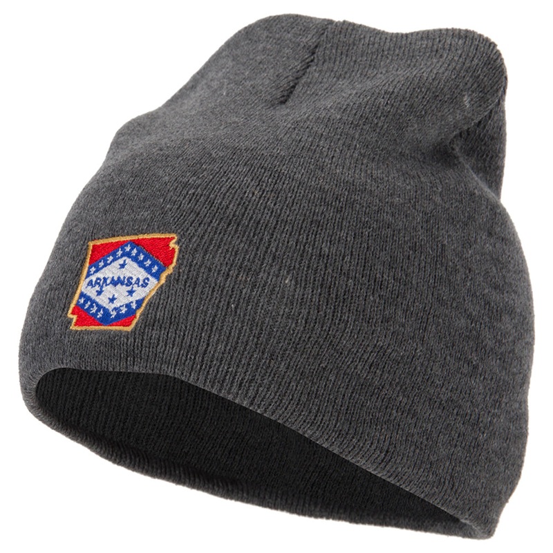 Arkansas State Map Flag Embroidered 8 Inch Knitted Short Beanie Dk Grey One Size
