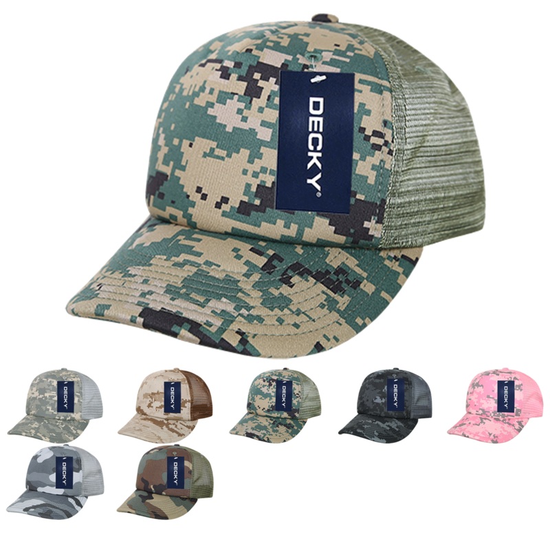 Decky 253 – Camo Foam Trucker Hat, 5 Panel Camouflage Trucker Cap – CASE Pricing Des/Des/Coyote