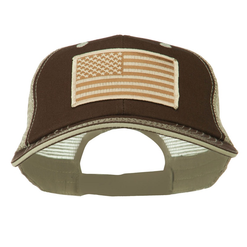 Desert American Flag Patched Big Size Washed Mesh Cap Brown Beige XL-3XL