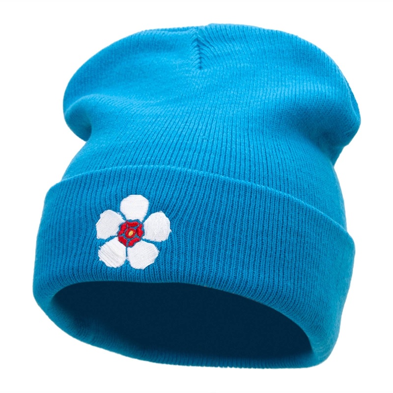 Korean Hibiscus Embroidered 12 Inch Long Knitted Beanie Aqua One Size