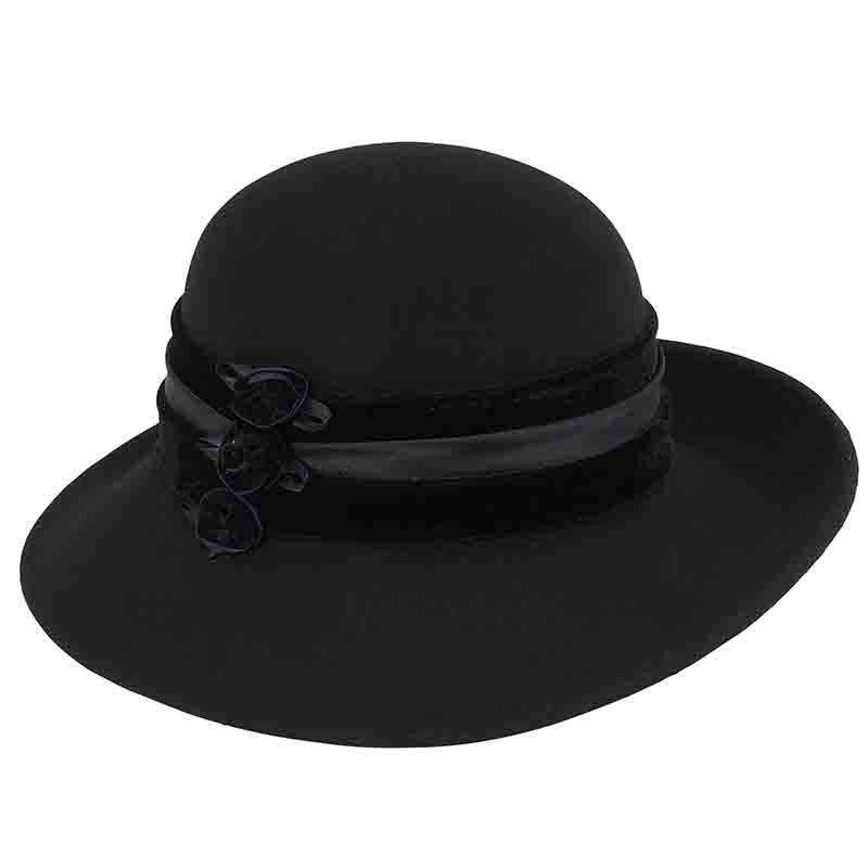 Large Brim Satin Adorned Wool Felt Hat by Adora-Black Black
