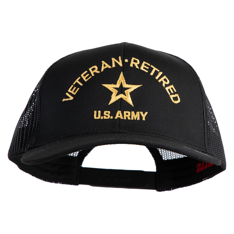 Star US Army Veteran Retired Embroidered Solid Cotton Twill Mesh Prostyle Cap Black One Size