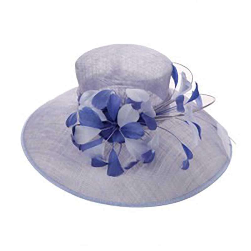 Tiffany Style Sinamay Dress Hat with Two Tone Feather Accent Blue