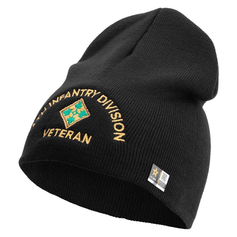 U.S. Army 4th Infantry Division Symbol Embroidered 8 Inch Solid Knit Short Beanie Made in USA Black One Size